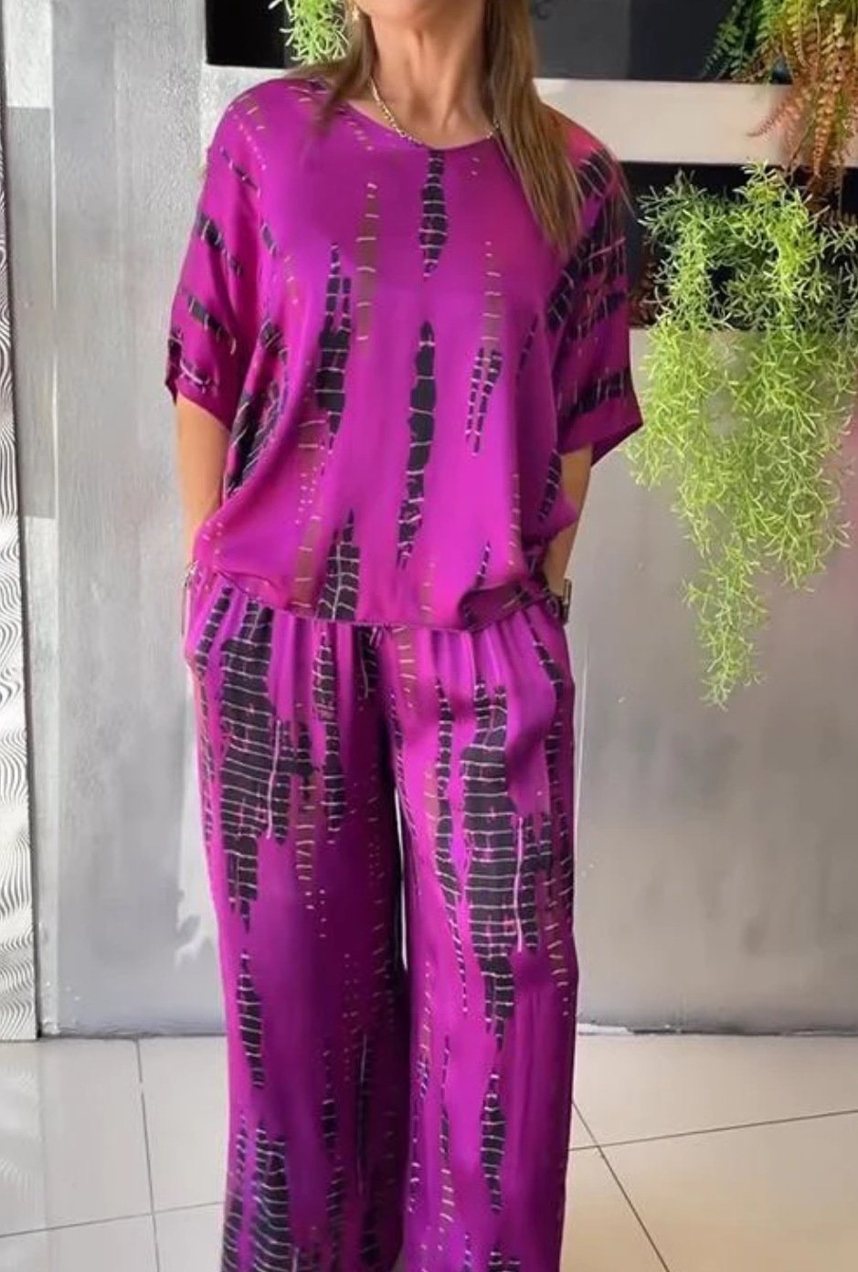 2 Piece Sets For Women Short Sleeve Oversized Blouses Tops Matching Wide Leg Pants