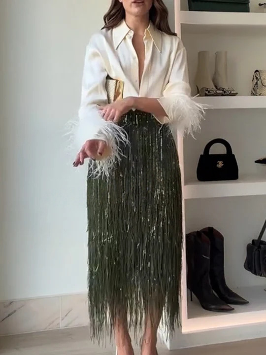 Elegant Tassel Trim Collared Shirt and Fringe Midi Skirt Set (Buy 2 Free Shipping)