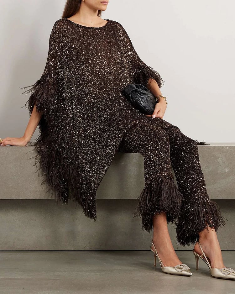 Asymmetric Feather Trimmed Sequin Embellished Top and Pants Set