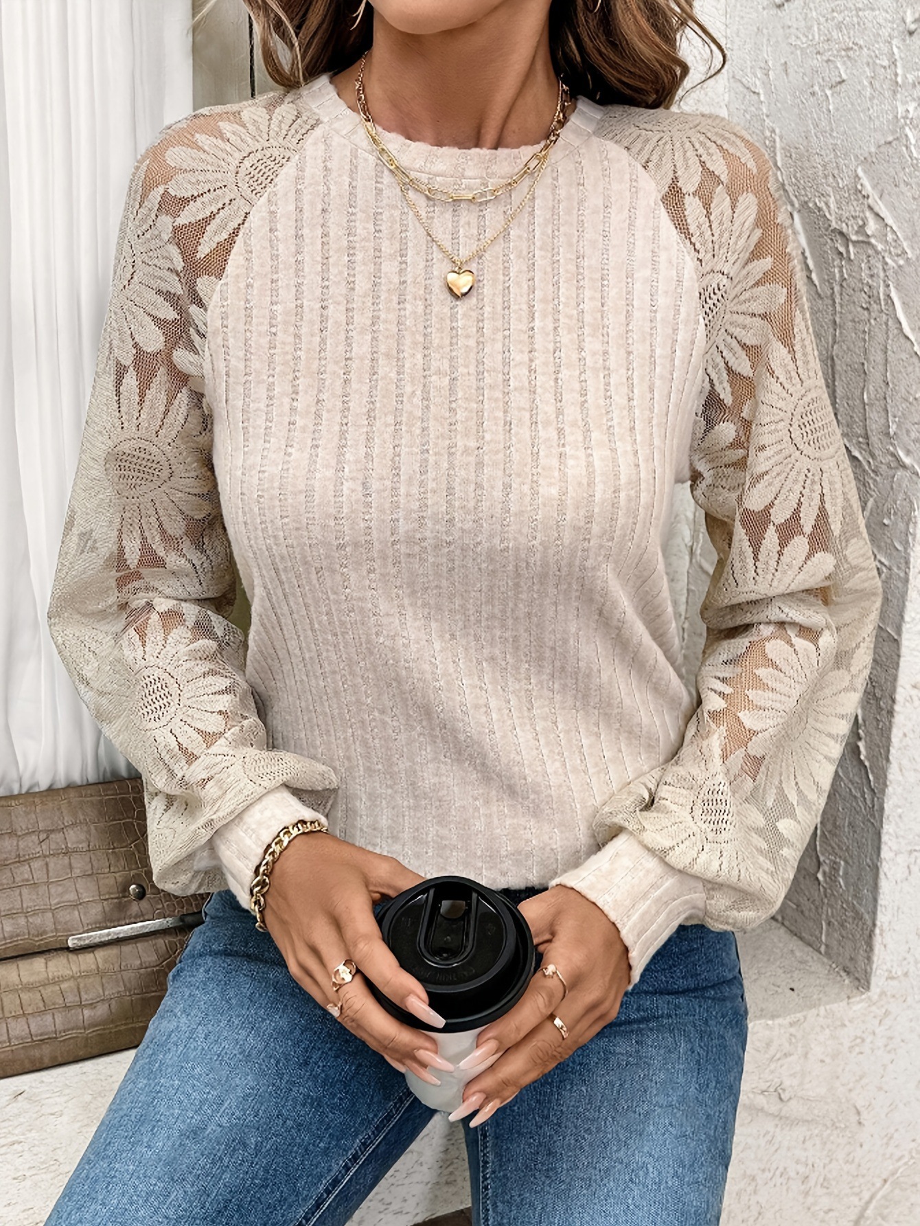 Elegant Textured Knit Lace Sleeve Top