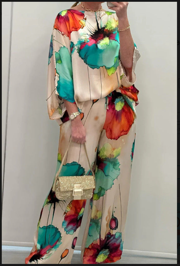 Elegant Watercolor Floral Print Loose Fit Two-Piece Set (Buy 2 Free Shipping)