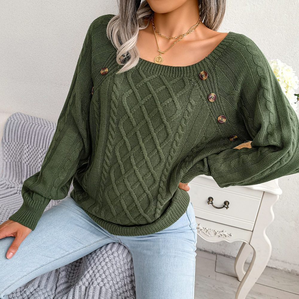 Textured Cable Knit Button Detail Relaxed Fit Sweater 