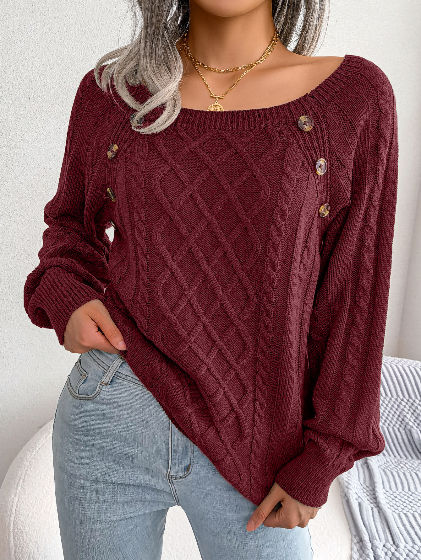 Textured Cable Knit Button Detail Relaxed Fit Sweater 