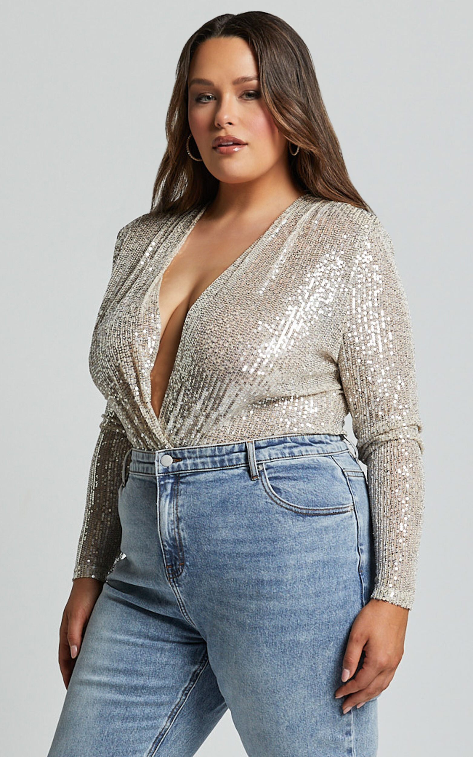 Wrap Deep V Neck Long Sleeves Sequin Bodysuit (Buy 2 Free Shipping)