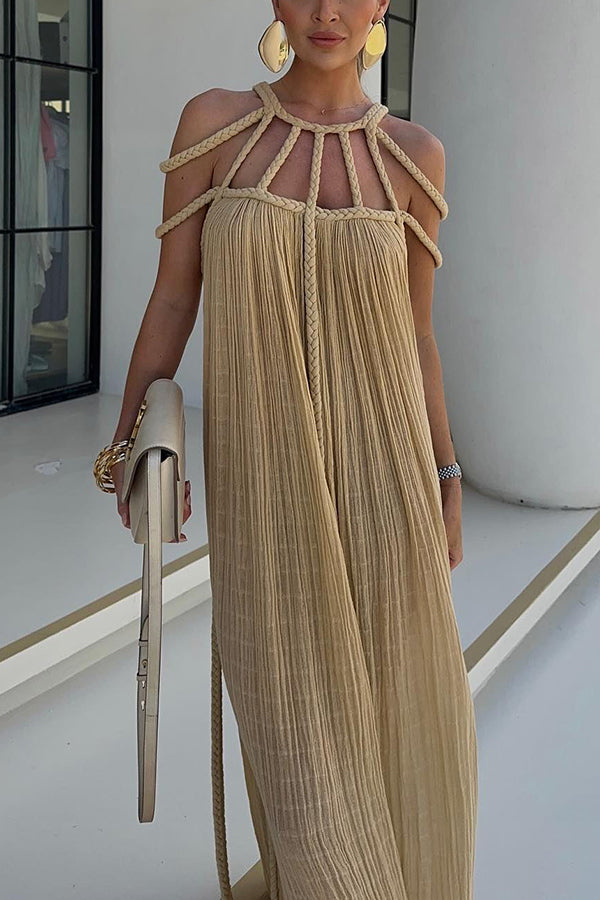 Modern and Sophisticated Linen Blend Draped Braids Cover Up Maxi Dress (Buy 2 Free Shipping)
