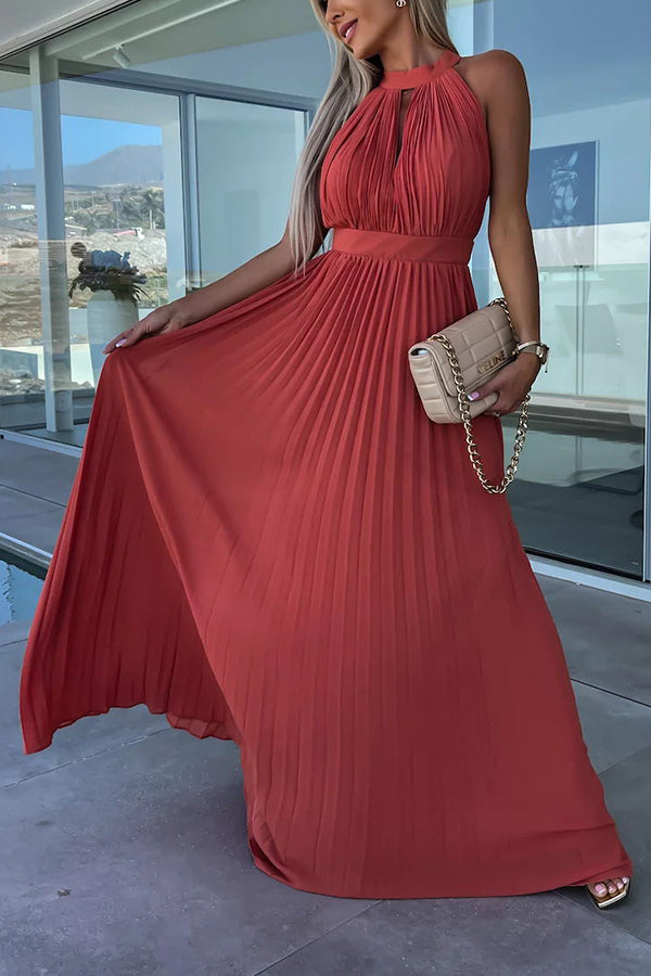 Ella Satin Halter Cutout Neck Backless Pleated Maxi Dress