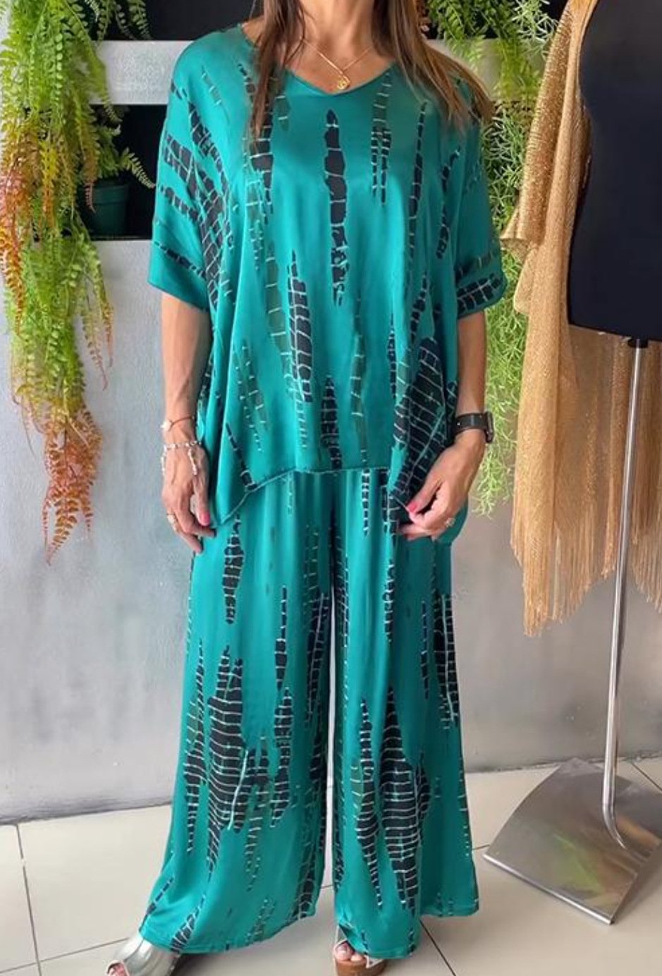 2 Piece Sets For Women Short Sleeve Oversized Blouses Tops Matching Wide Leg Pants