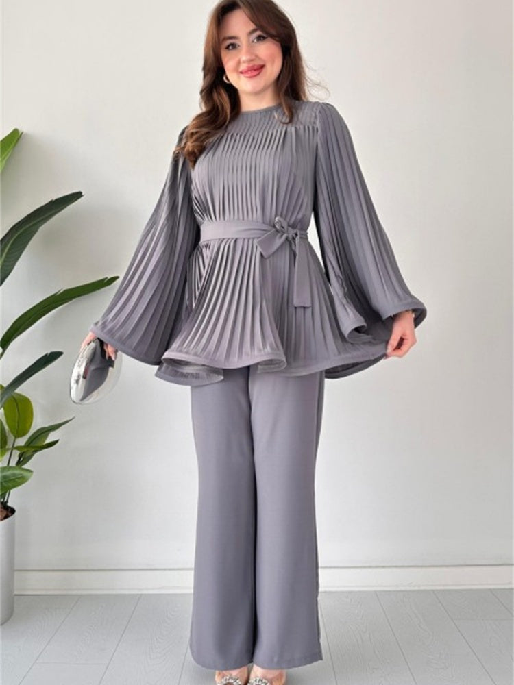 Pleated Bell Sleeve Top and Wide-Leg Pants Two Piece Set (Buy 2 Free Shipping)