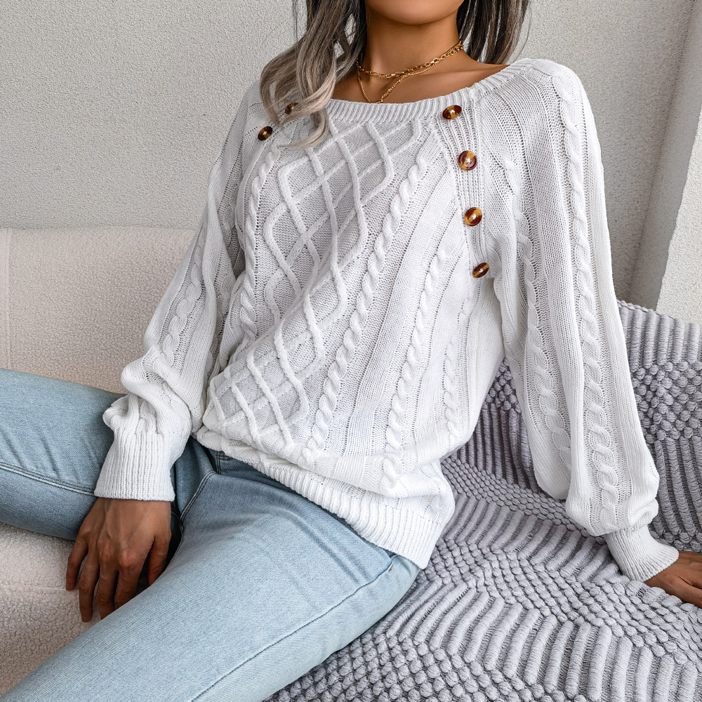 Textured Cable Knit Button Detail Relaxed Fit Sweater 