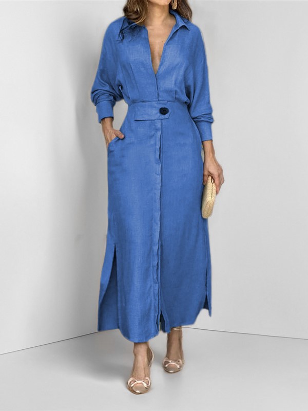 Elegant V-Neck Belted Button-Down Maxi Dress (BUY 2 FREE SHIPPING)