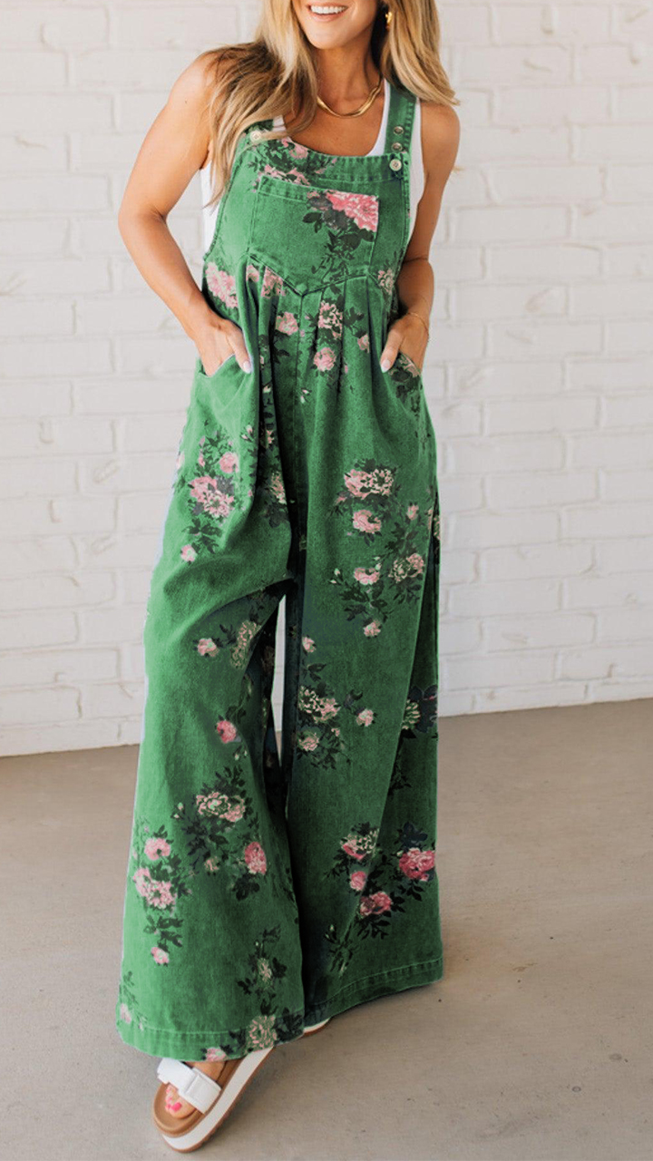 Floral Denim Overalls with Wide-Leg Fit