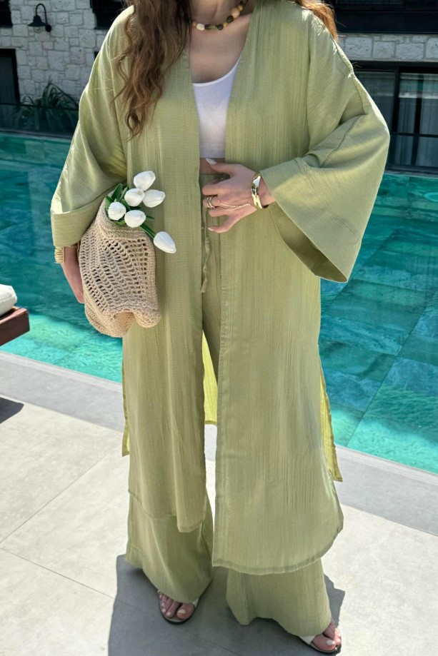 Flowy Textured Kimono Top and Wide Leg Pants Two Piece Set (Buy 2 Free Shipping)