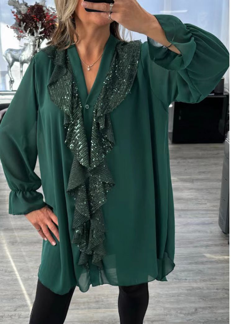 Sequin Ruffle V Neck Chiffon Loose Fit Blouse Top (Buy 2 Free Shipping)
