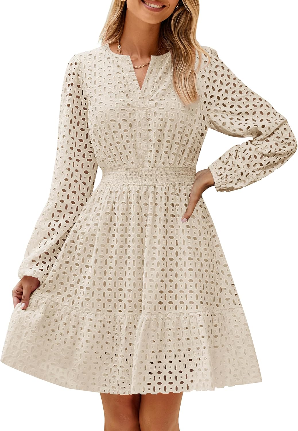 Long Sleeve Hollow Out Eyelet Dress (Buy 2 Free Shipping)