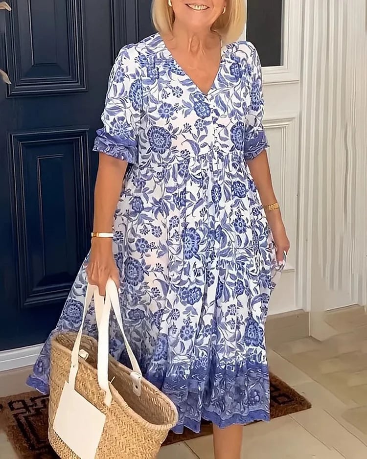 Vintage Floral Print V-Neck Midi Dress (Buy 2 Free Shipping)