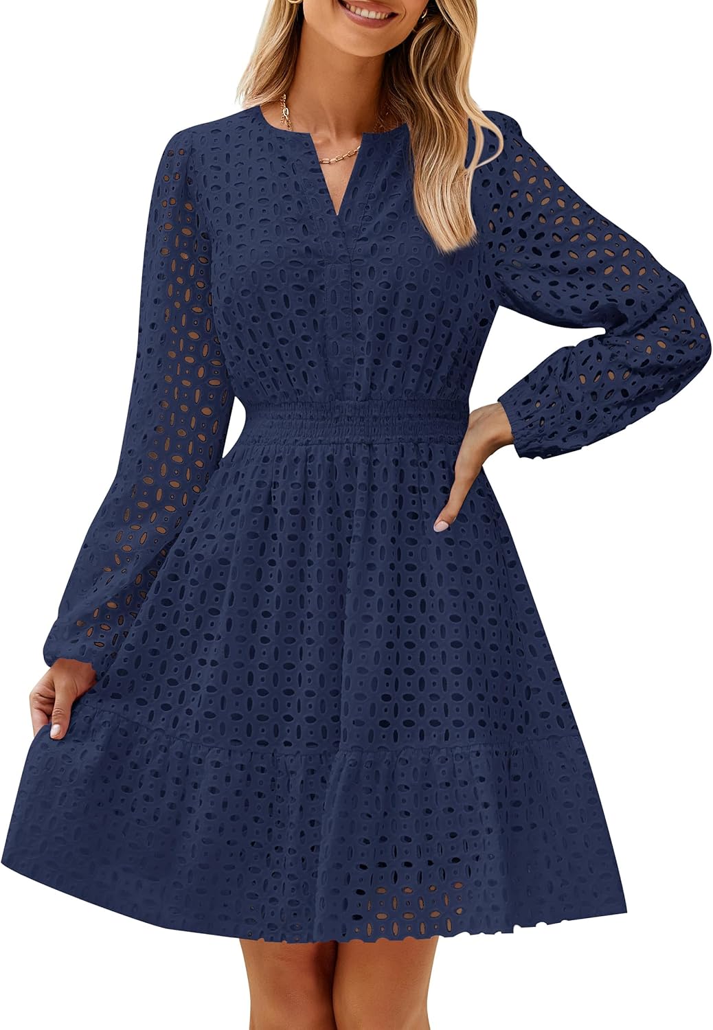 Long Sleeve Hollow Out Eyelet Dress (Buy 2 Free Shipping)
