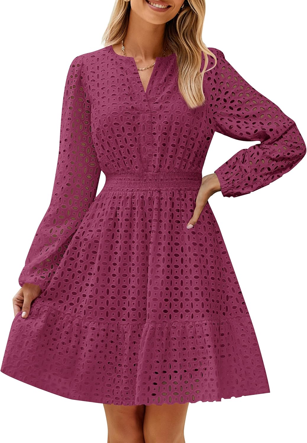 Long Sleeve Hollow Out Eyelet Dress (Buy 2 Free Shipping)