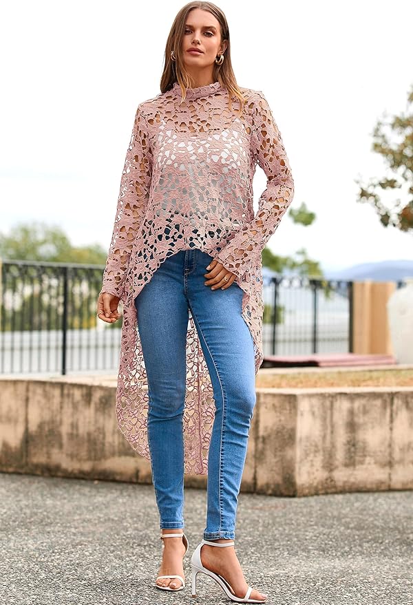 Elegant High Neck Lace Hollow Out Longline Top