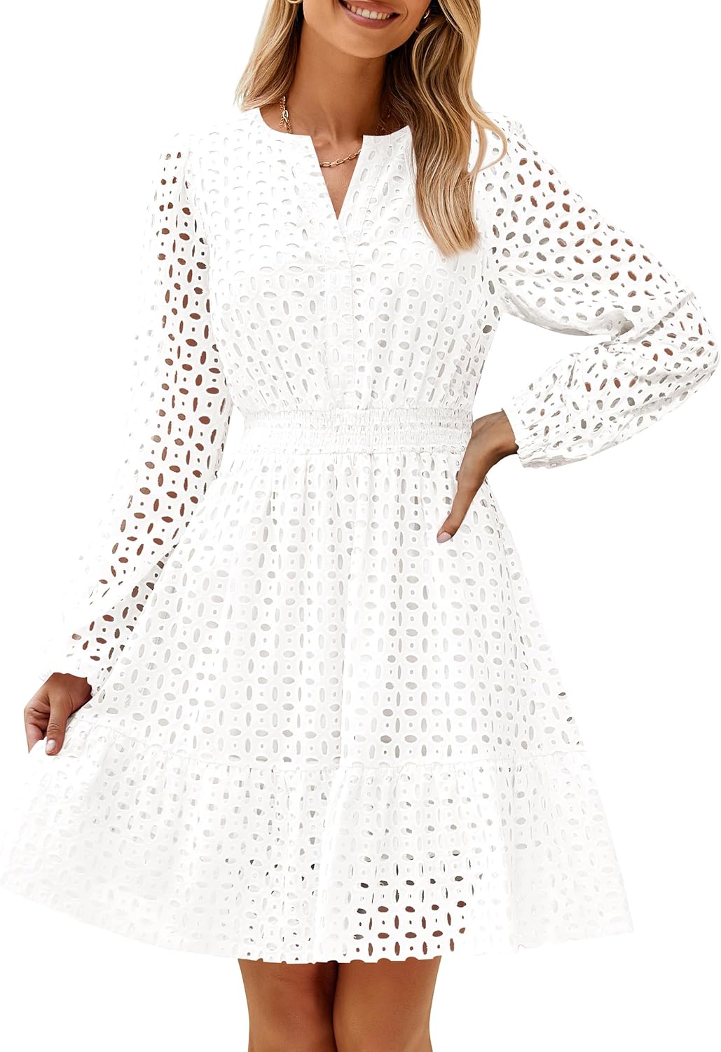 Long Sleeve Hollow Out Eyelet Dress (Buy 2 Free Shipping)