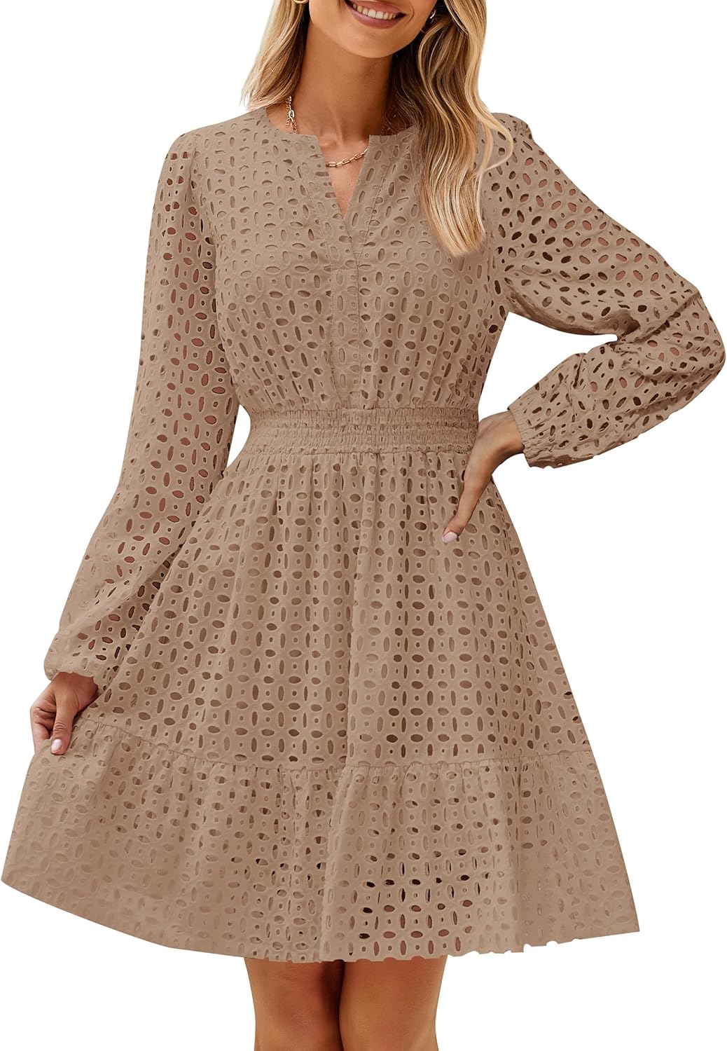 Long Sleeve Hollow Out Eyelet Dress (Buy 2 Free Shipping)