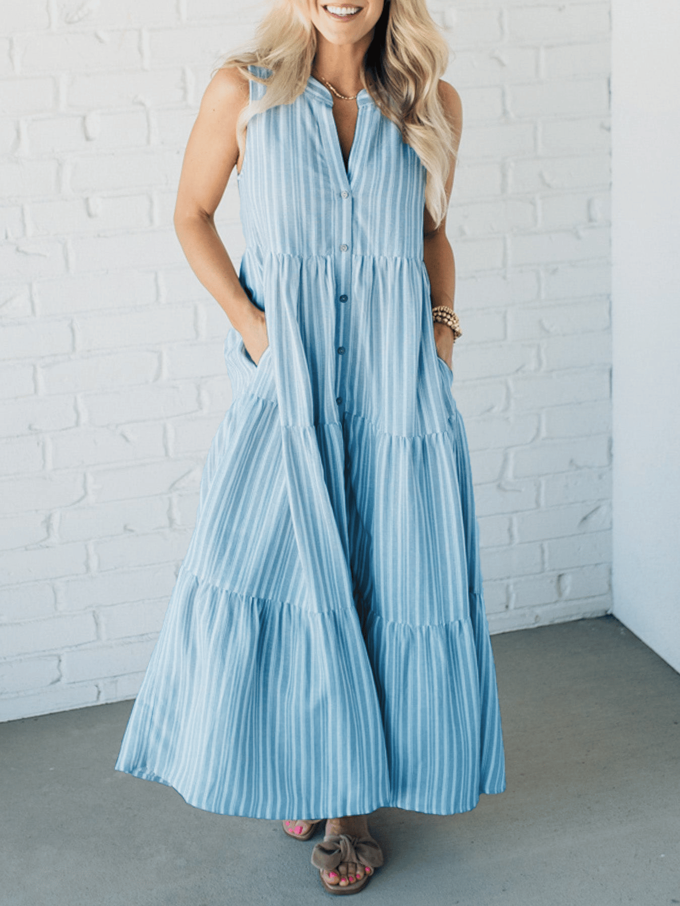 V Neck Striped Button Front Tiered Dress (Buy 2 Free Shipping)