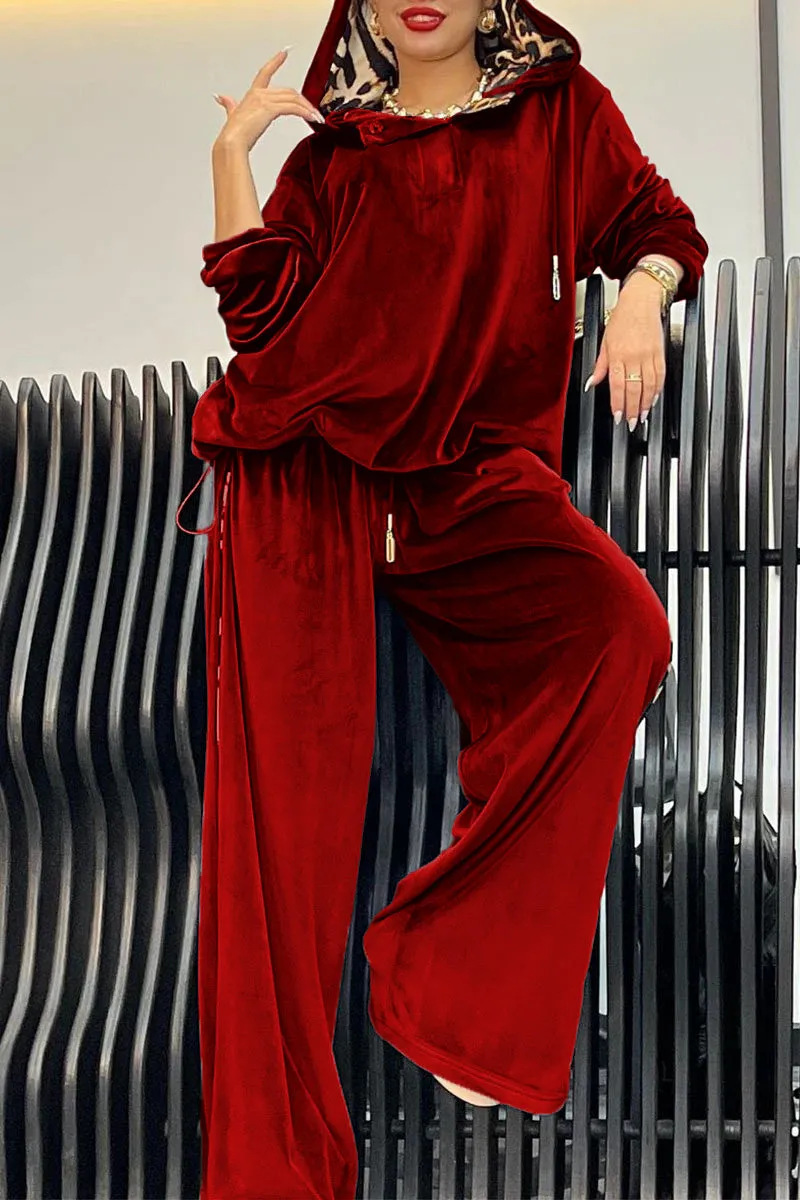 Elegant Velvet Hooded Top with Leopard Detail and Wide Leg Pants Set (Buy 2 Free Shipping)
