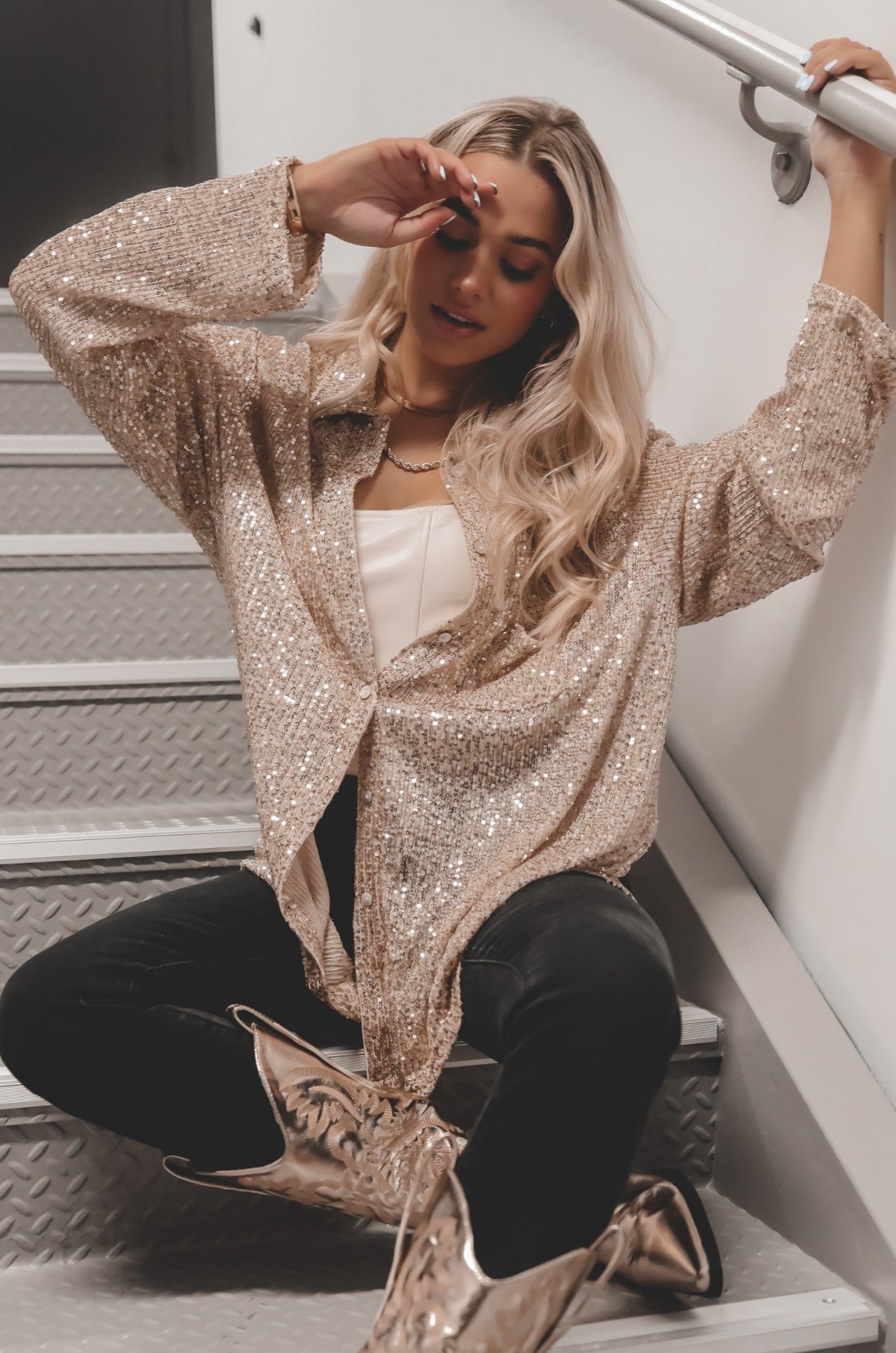Sequin Shirt  Oversized Turndown Collar Fashion Shirt (Buy 2 Free Shipping)