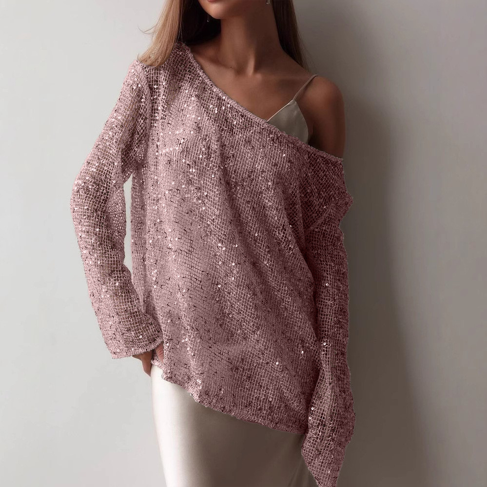 Shimmery Loose Knit Sequin Mesh Pullover Top (Buy 2 Free Shipping)