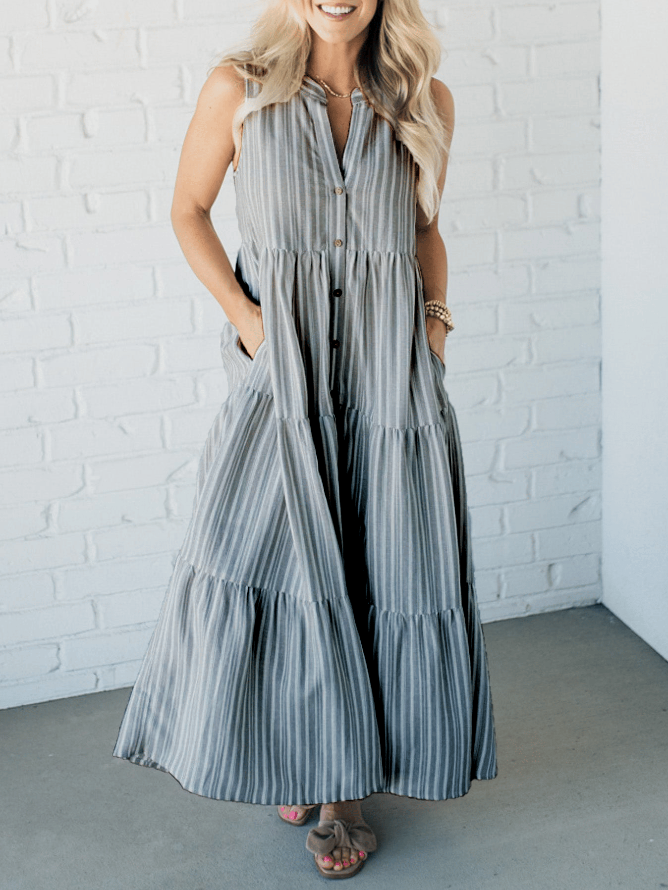 V Neck Striped Button Front Tiered Dress (Buy 2 Free Shipping)