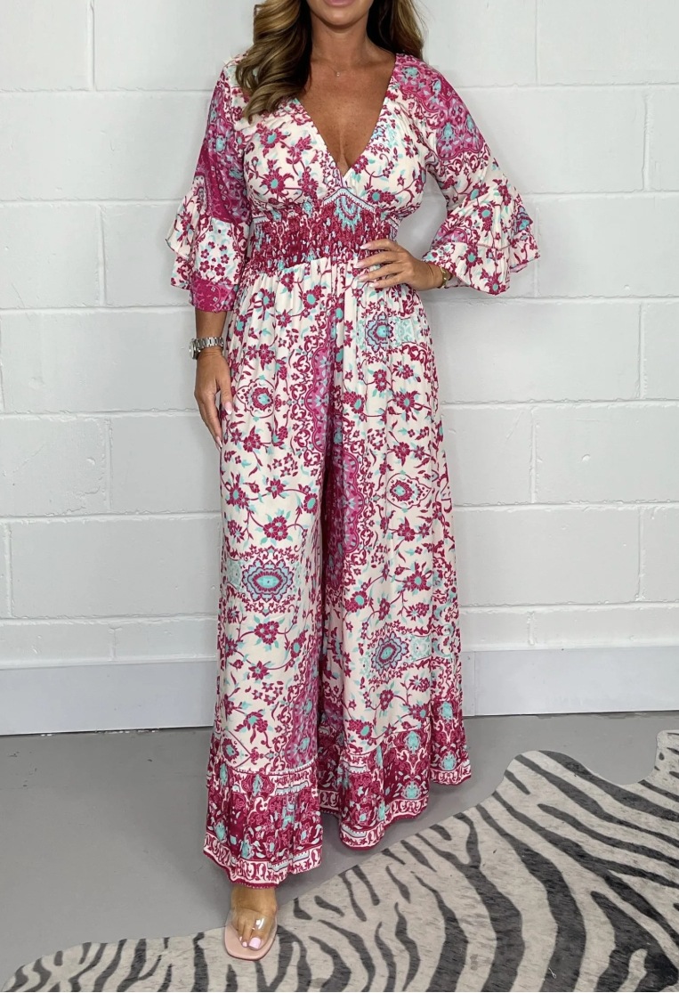 Boho Floral Print Wide Leg Jumpsuit with Smocked Waist  (Buy 2 Free Shipping)