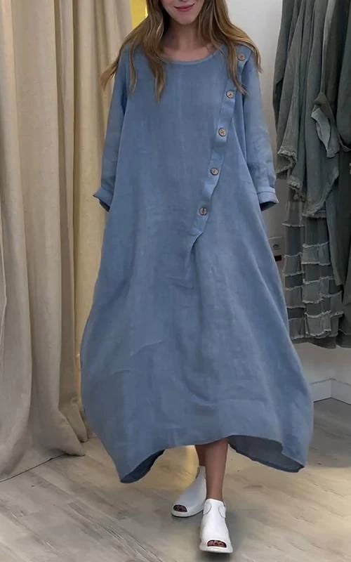 Round Neck Solid Color Cotton and Linen Dress (Buy 2 Free Shipping)