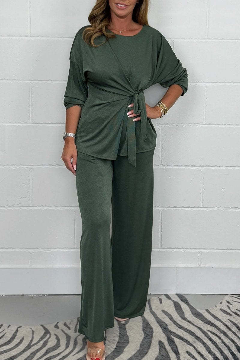 Soft Tie Waist Top and Wide Leg Pants Lounge Set