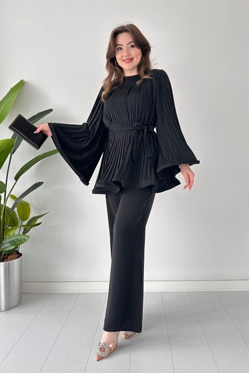 Pleated Bell Sleeve Top and Wide-Leg Pants Two Piece Set (Buy 2 Free Shipping)