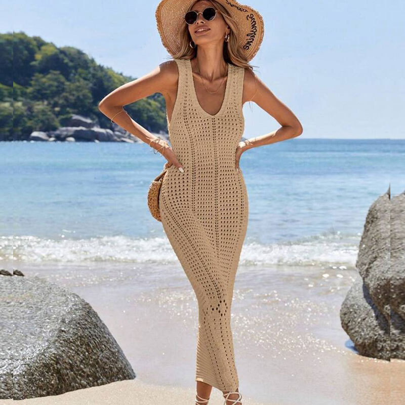 Elegant V-Neck Sleeveless Crochet Knit Maxi Dress