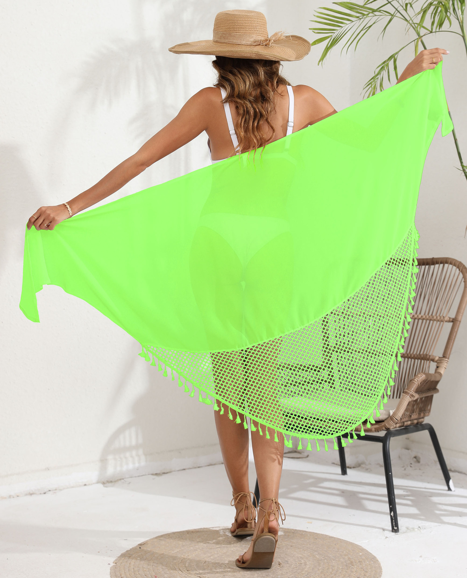 Tassel Trim Mesh Cover-Up Shawl