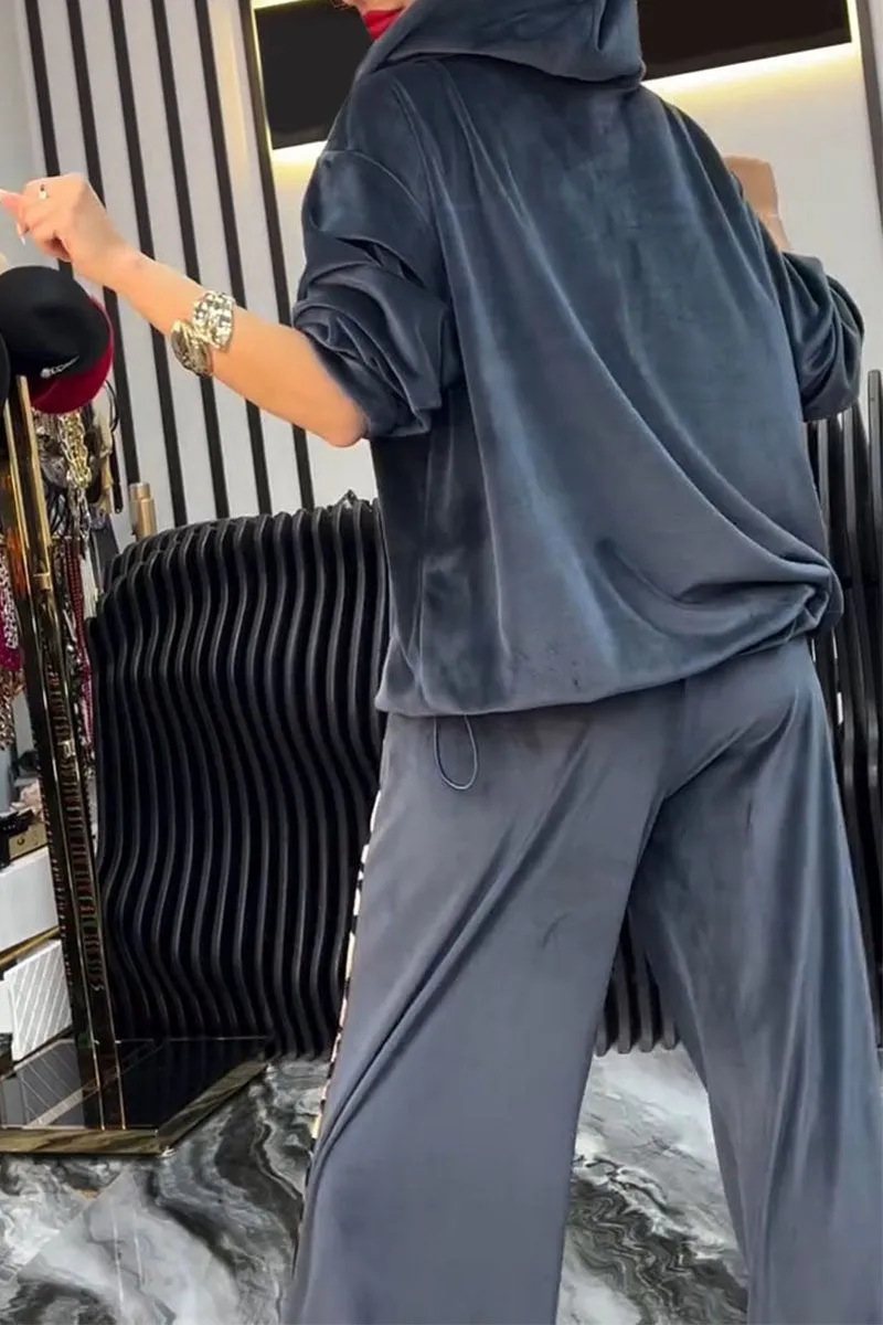 Elegant Velvet Hooded Top with Leopard Detail and Wide Leg Pants Set (Buy 2 Free Shipping)