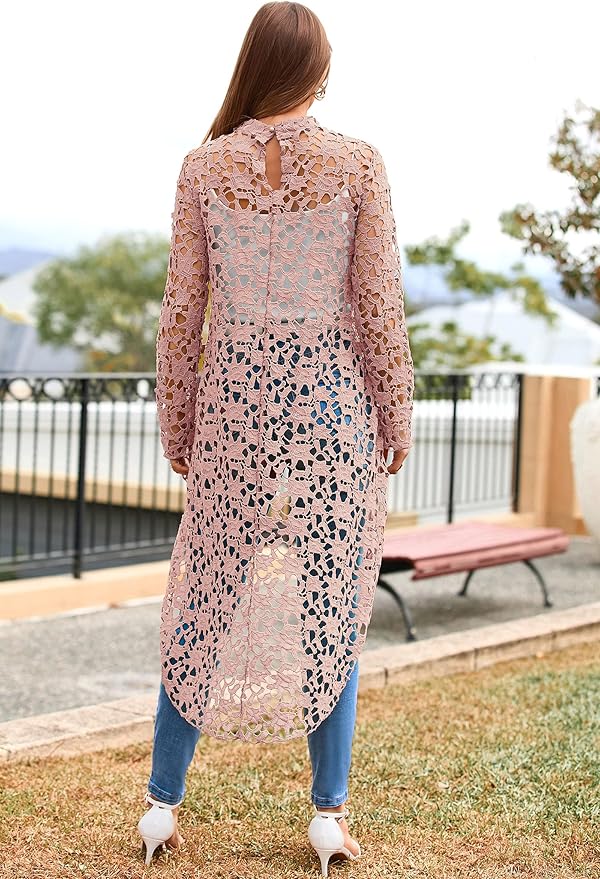 Elegant High Neck Lace Hollow Out Longline Top