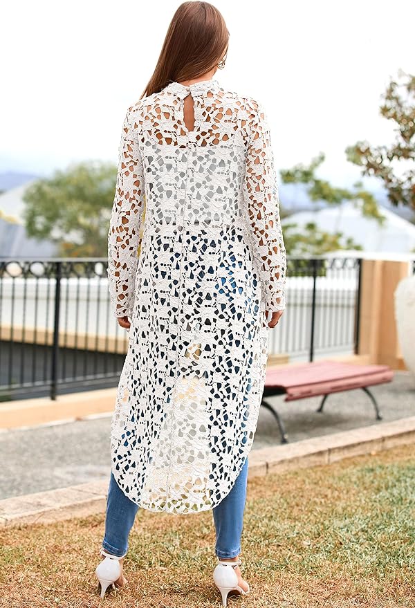 Elegant High Neck Lace Hollow Out Longline Top