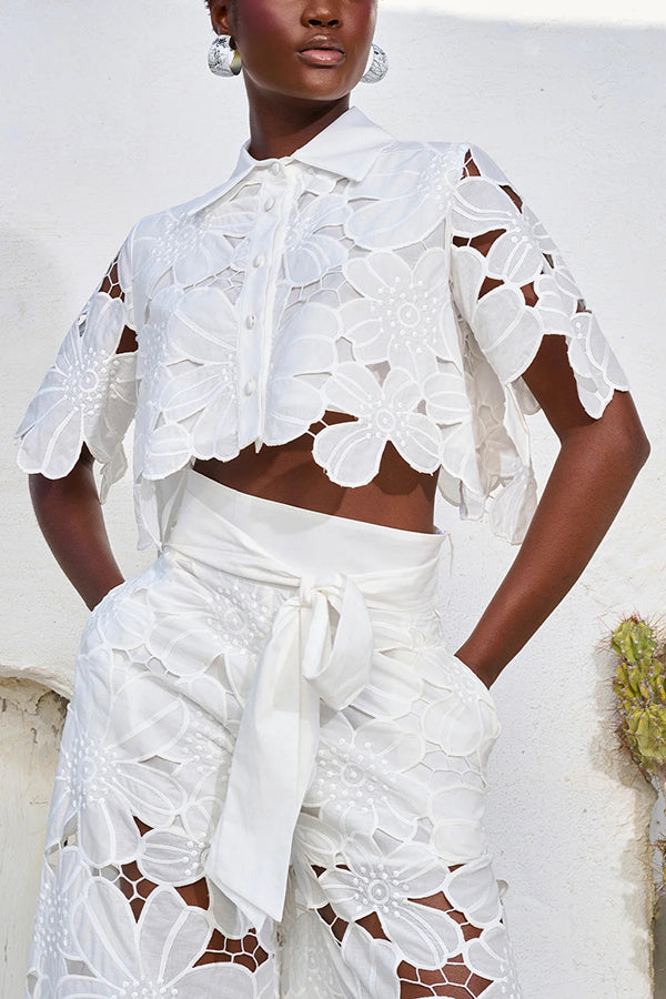 Floral Lace Cropped Shirt and Belt Pocketed Wide Leg Pants Set