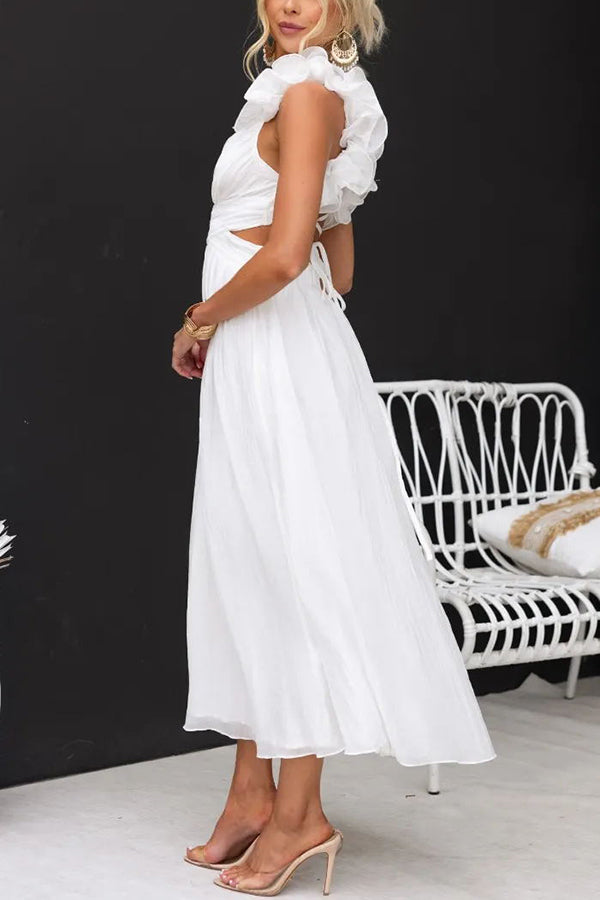 Floral Ruffle Detail Back Lace-up Elastic Waist Maxi Dress