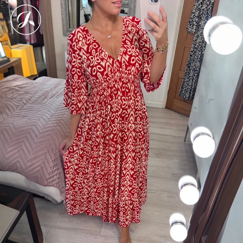 Last Day Promotion❤️Bohemian Casual Print V-neck Shirred Dress(Buy 2 Free Shipping)