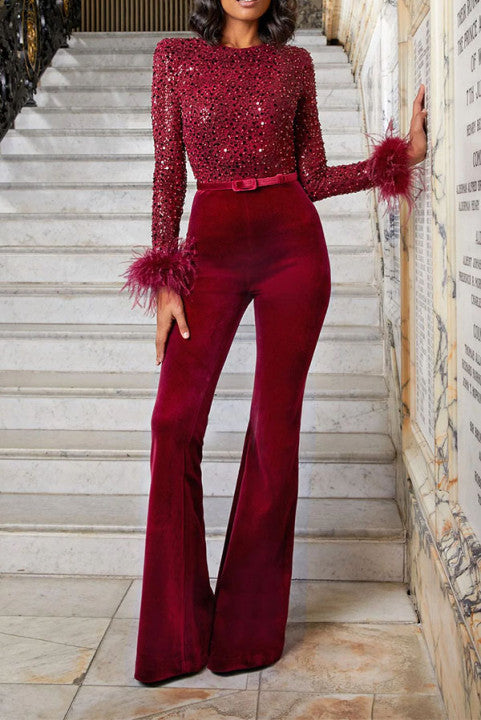 Ready for Vegas Feather Detail Trim Sequin Jumpsuit (Free Shipping)