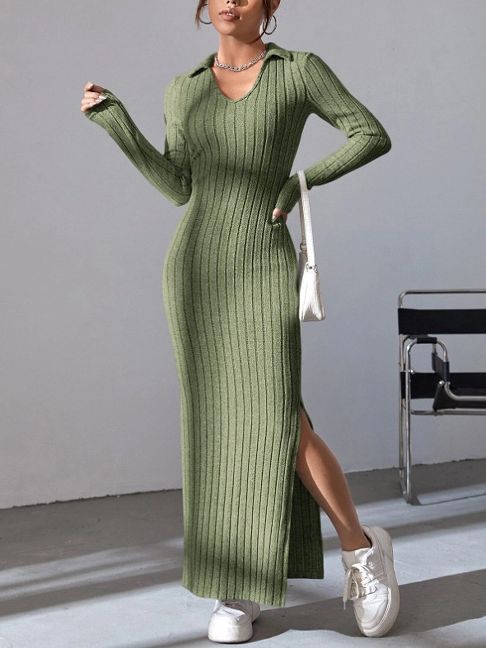 Knitted Fitted Lapel Long Sleeve Ribbed Dress (Buy 2 Free Shipping)