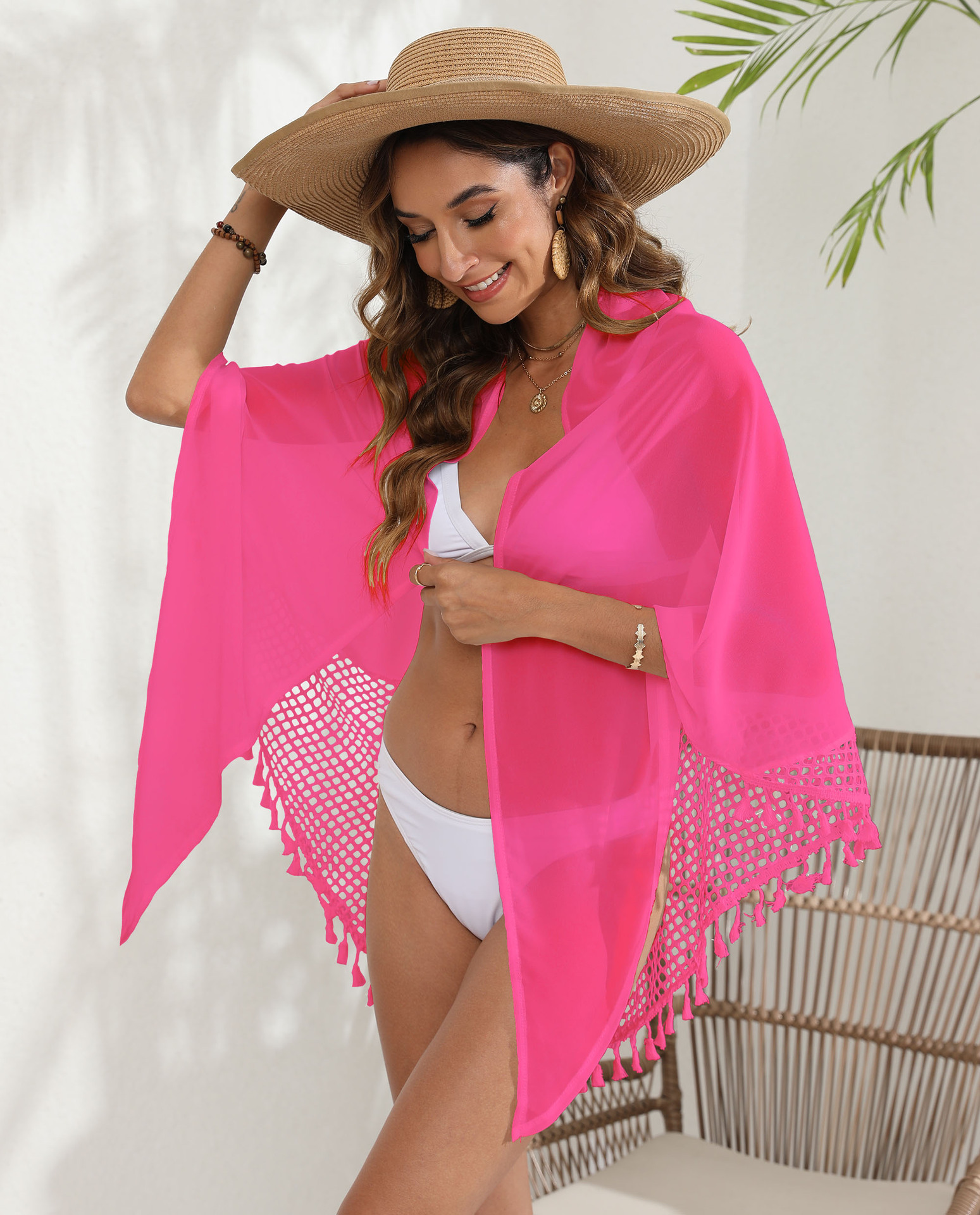 Tassel Trim Mesh Cover-Up Shawl