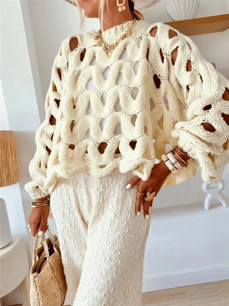 Chunky Hollow Knit Balloon Sleeve Sweater (Buy 2 Free Shipping)