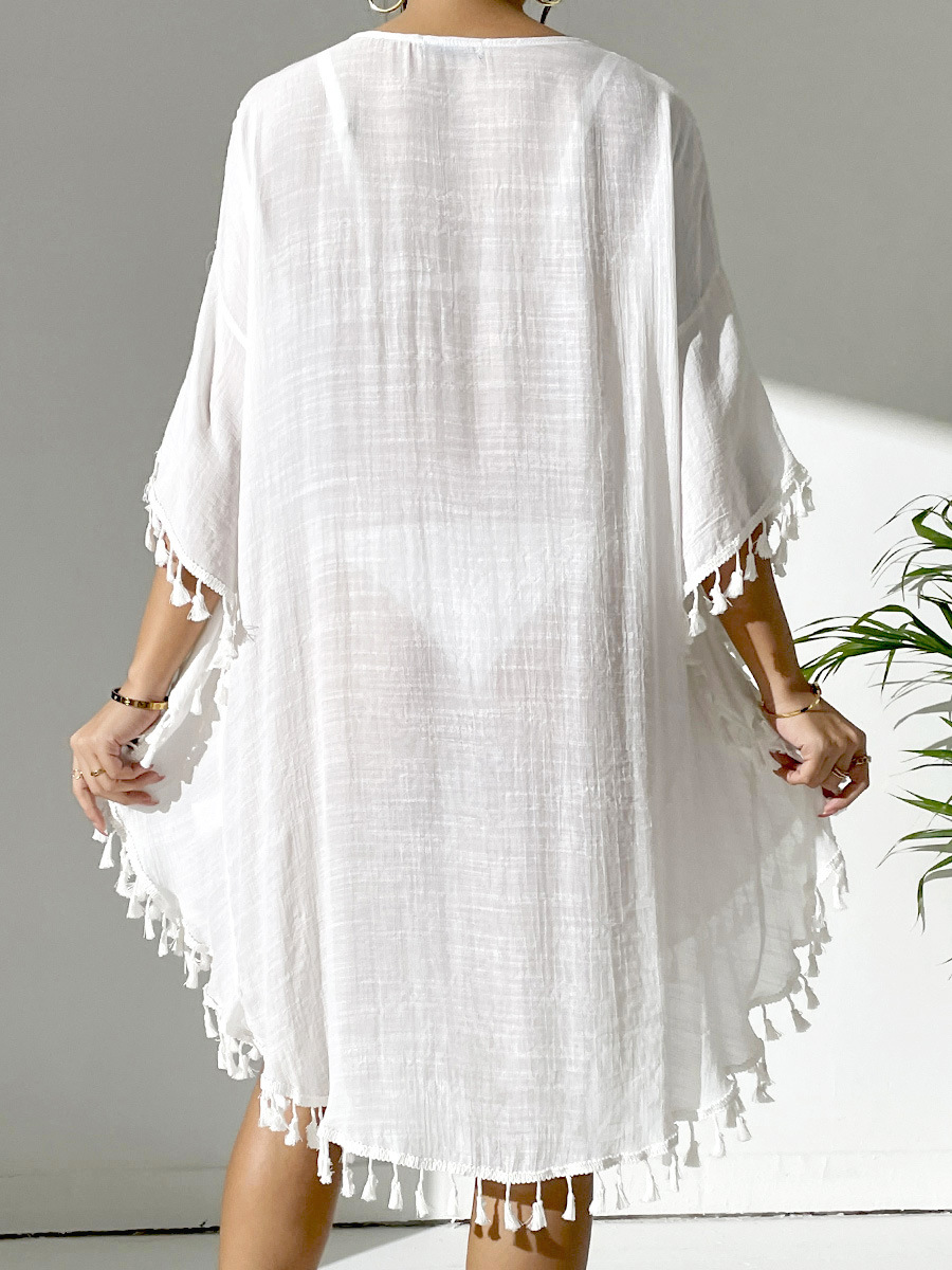 Boho Tassel Trim Crochet Yoke Loose Kaftan Dress