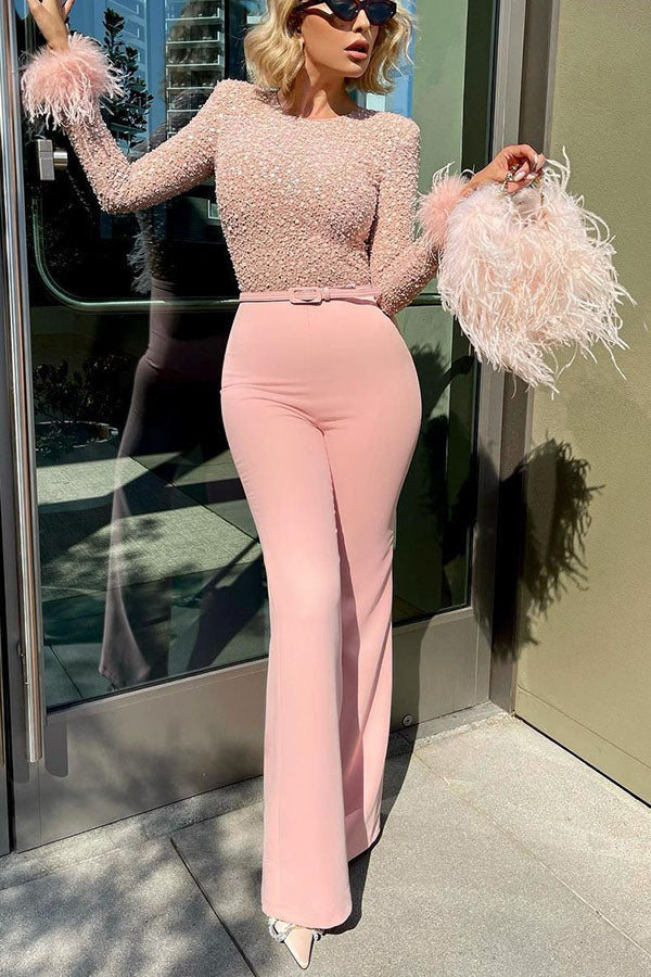 Ready for Vegas Feather Detail Trim Sequin Jumpsuit (Free Shipping)