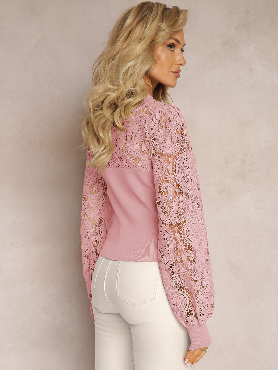 Elegant Lace Panel Knit Long Sleeve Top