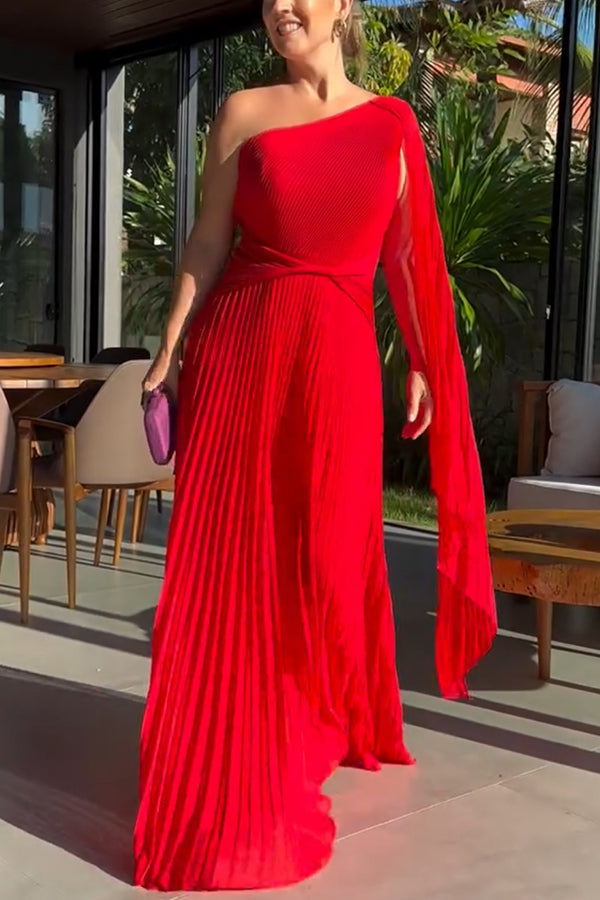 Pleated One Shoulder Drape Sleeve Twist Waist Maxi Dress