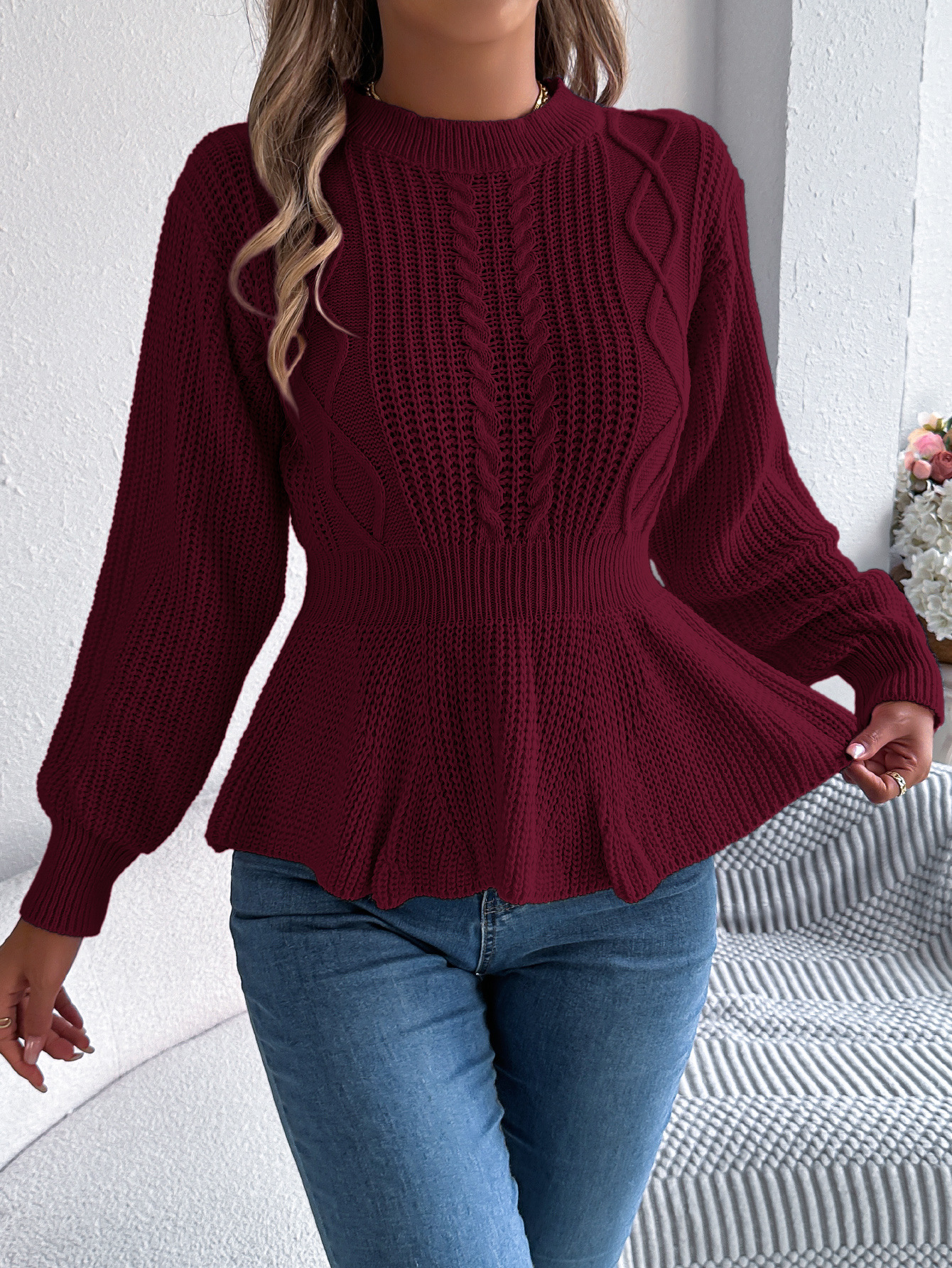 Textured Knit Waist Flare Hem Sweater Top 